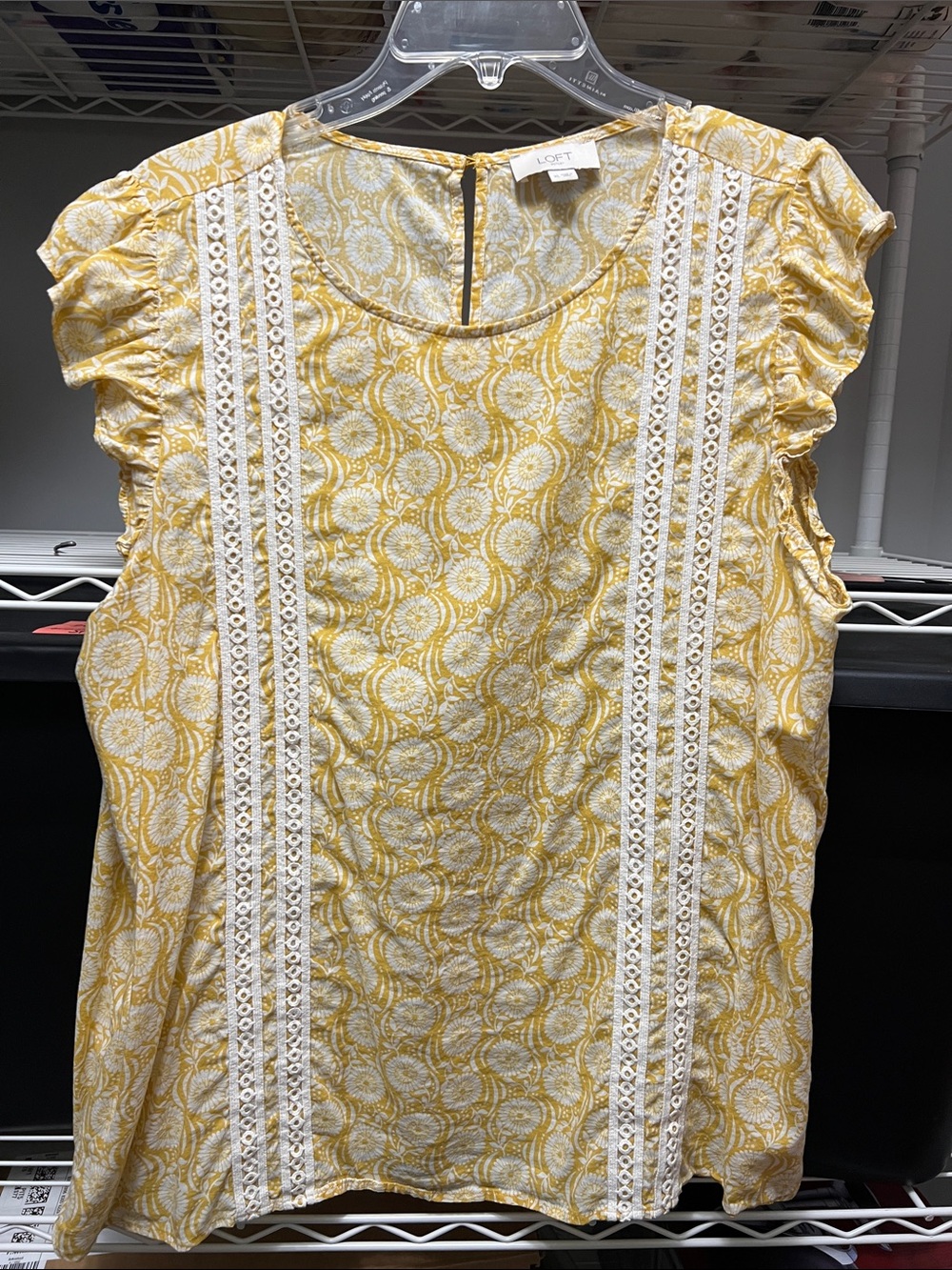 LOFT Yellow and White Lace-Trim Flutter Sleeve Top